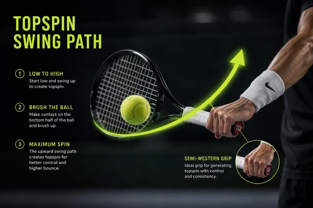 Infographic diagram explaining the tennis topspin swing path and Semi-Western grip